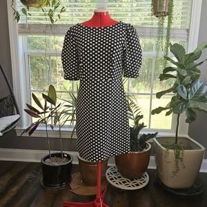 Ann Taylor POLKA DOT PLEATED PUFF SLEEVE SHEATH DRESS-cotton-557691-black-size 6